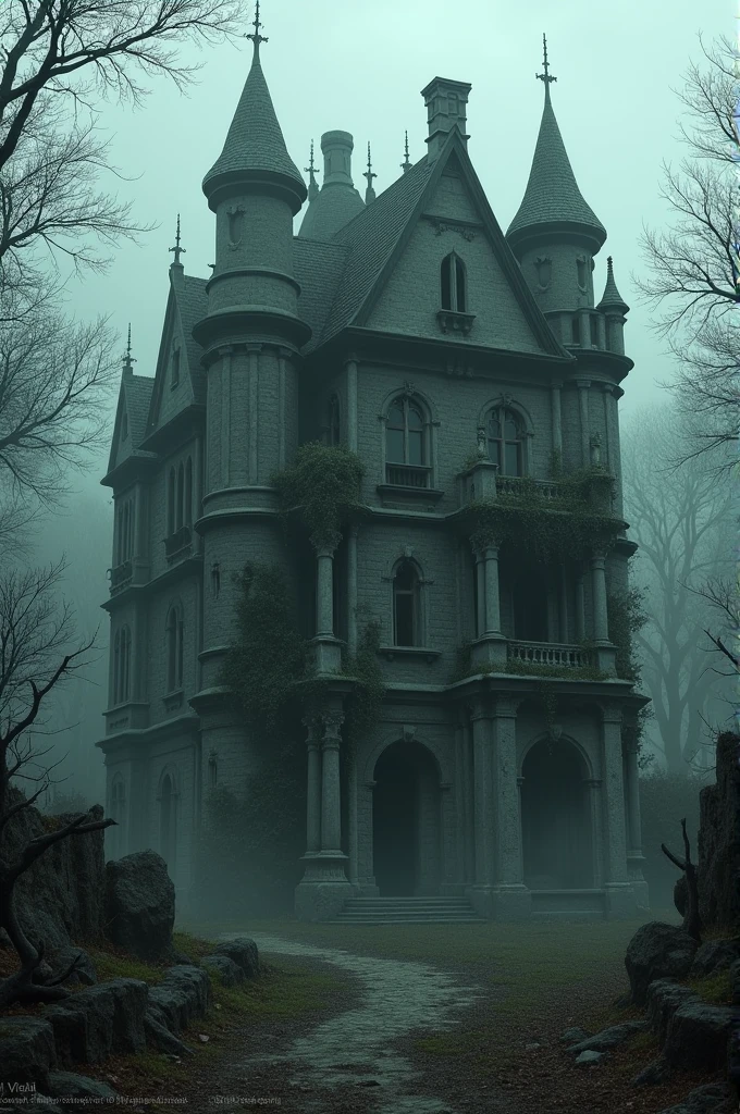A dark, old, and eerie mansion or villa from the outside, surrounded by overgrown vegetation or mist.