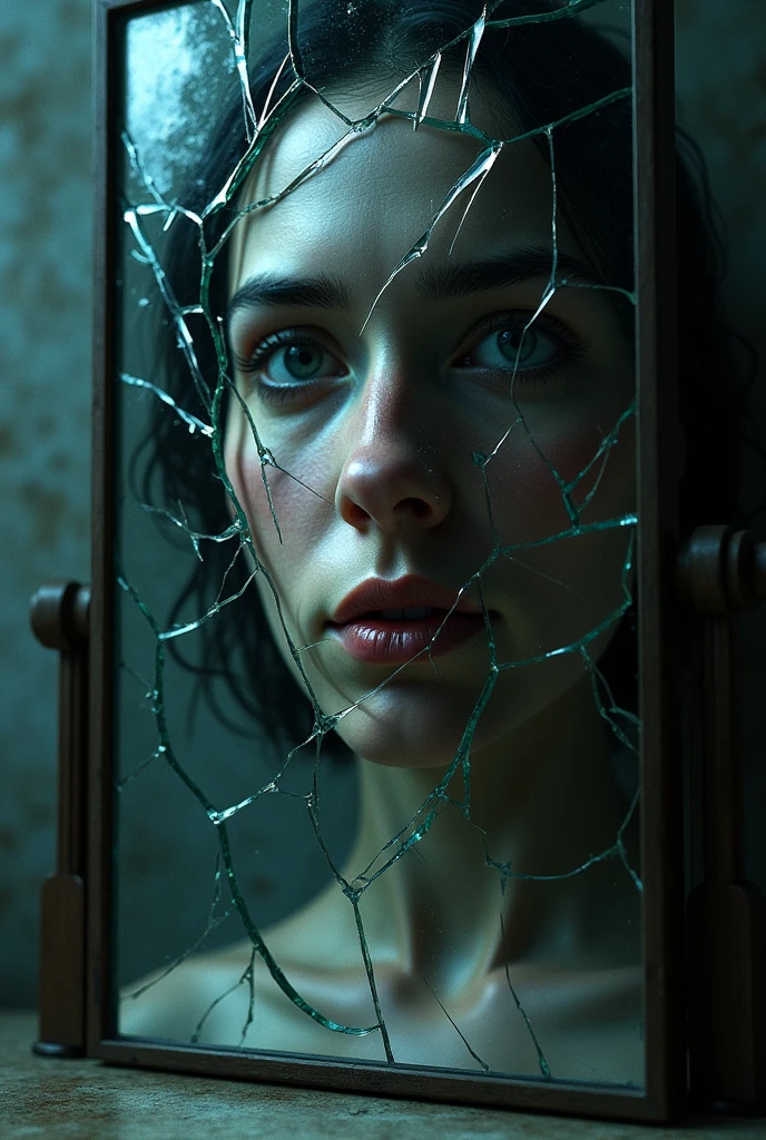 A broken mirror reflecting fragments of a person