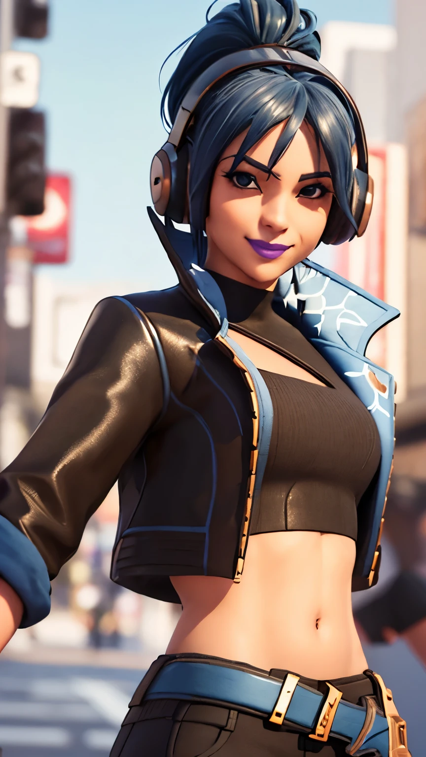 City background, 1girl, solo, HeroicHopeFN, Heroic Hope from fortnite, (crop top, black top, open clothes), (jacket crop top, black jacket, blue loose, jacket loose), fingerless gloves, black pants, blue belt, blue hair, ponytail, blue eyes, eyeshadow, headphones, cat ears headphones, holster, purple lips, lipsticks, smile, heart, winked, upper body, looking at viewer,