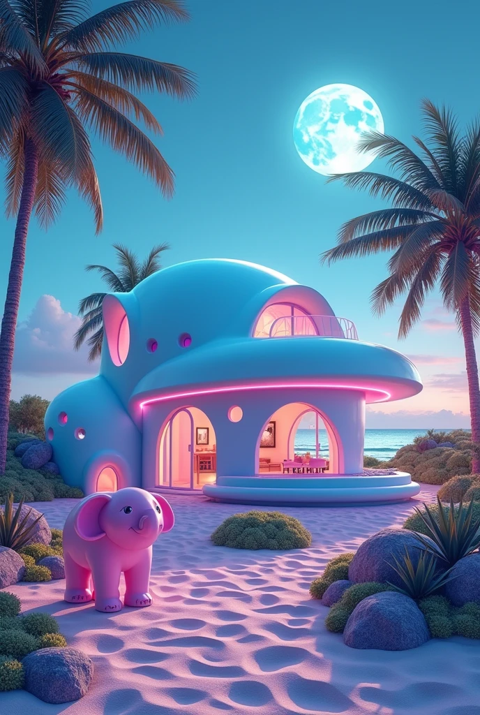 gambarkan Rumah cybergalactic retro futurism warna baby blue, pantai, pohon kelapa, baby pink elephant statue, the night, VHS effect, pastel color palette.