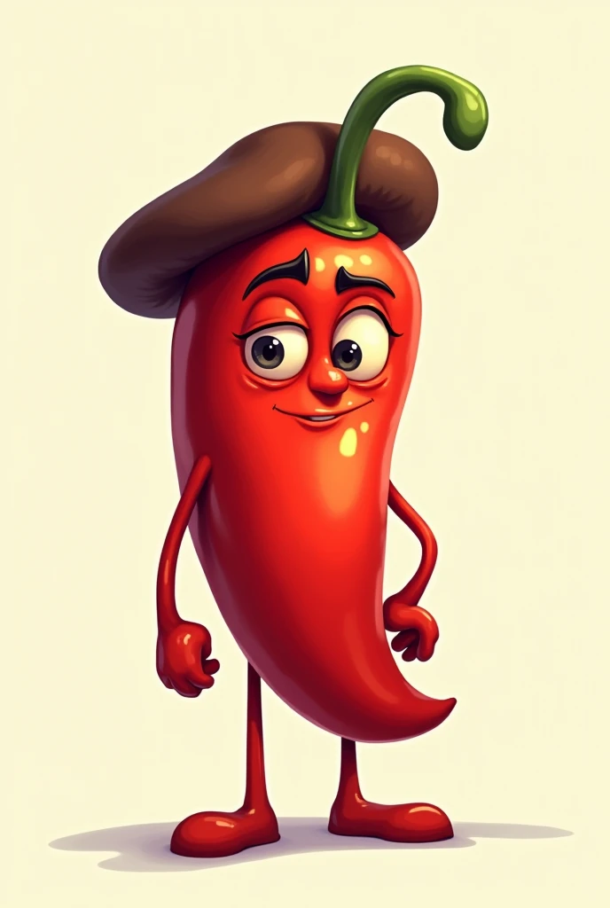 A red chili with arms, legs and face, with a beret on your head do it like a 2d drawing with a bijou and serious