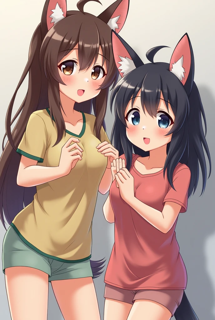 2 little girls, big breasts, animal ears, big thighs,