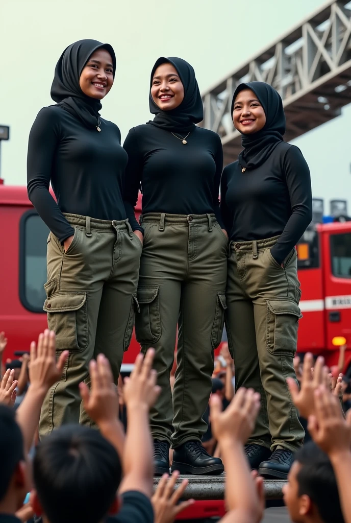 3 Malaysia women hijab black age 2s. Women Venus body type . Loose shirt .Black shirt long sleeve salute position. Cargo pant camouflage red army green black. firefighter jumpsuit wear tight in . Very muscle body. many colorfull man cheerfull face clapping hand surrounded women . Standing on firetruck ladder