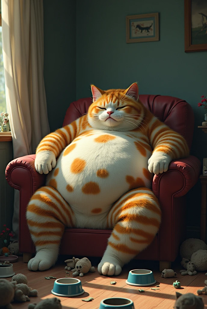 A very overweight and tall rosette-patterned cat, lounging on a sofa, looking tired and unhappy. The room is cluttered with empty food bowls and toys scattered around.