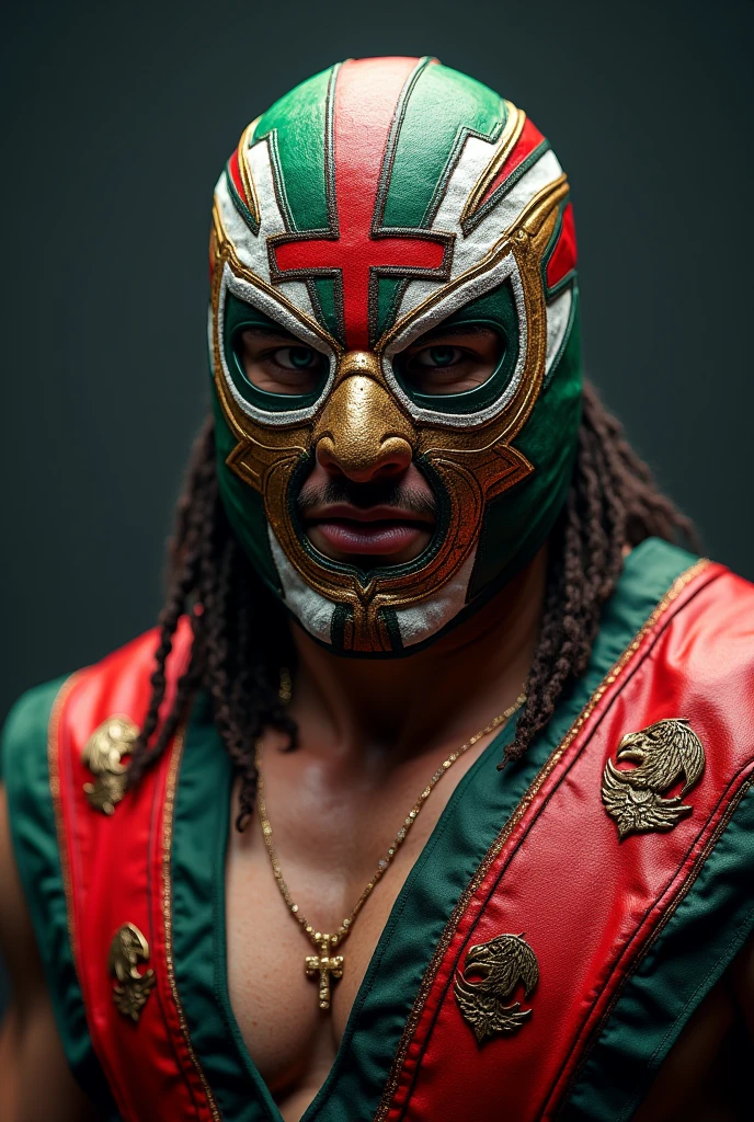 Create a wrestling character named Mexican Power, where his mask is as closed as possible and he has a cross on his forehead and fragments of an eagle, and both his mask and his clothing have the national colors.