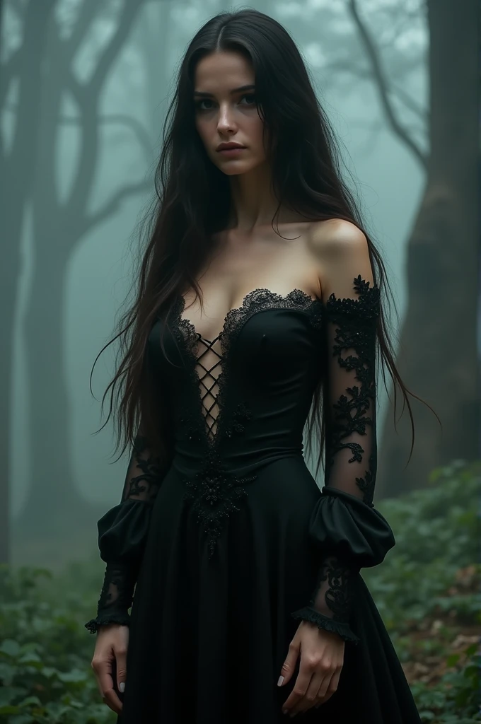 Woman in black sexual dress, with several details similar to fantasy costumes, long hair