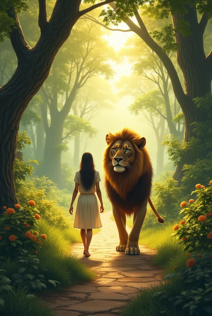 A person walking on a beautiful path together with a lion