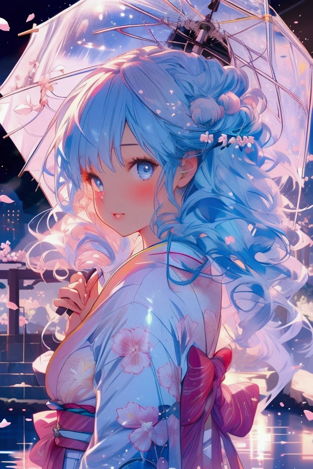 an anime girl by a river with mountains in the background, outdoors, (girl:1.1), light blue hair, wavy hair, blue eyes, japanese clothes, solo,(spring:1.2), holding umbrella, umbrella, holding, calm atmosphere, cherry blossoms, blue kimono, looking at viewer, river, mountain, blush, bridge, hair ornament, bangs, sash, day, sakura tree, obi, (best quality:1.2), (ultra-detailed), (realistic:1.37), oil painting, portraits, vivid colors, soft pastel tones, stunning lighting, dreamy ambiance, cherry blossom petals