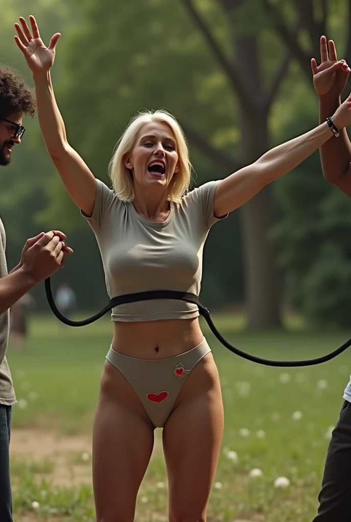 (photorealism:1.2), middle aged caucasian woman, (age 38:1.5), uncomfortable pose, realistic, intricate details, warm colours, blonde white hair, shoulder length bobcut hair, rough face skin, short height, thick thighs, sweaty, textured aged skin, tanning lines, small breasts, skinny-fit, dog leash, black blindfold, dark red uneven lipstick, wearing pink seethrough very tight high-waist cotton thong with a heart ❤️ on it , full body visible, legs spread, tight high-waist t-shirt, hands above head, in a park, endured face, no tattoos, mouth open, showing goey tongue, tall skinny Caucasian young man standing next to her, young man is wearing glasses with black frames and a mask, young man has dark curly hair, young man is walking her o a leash,