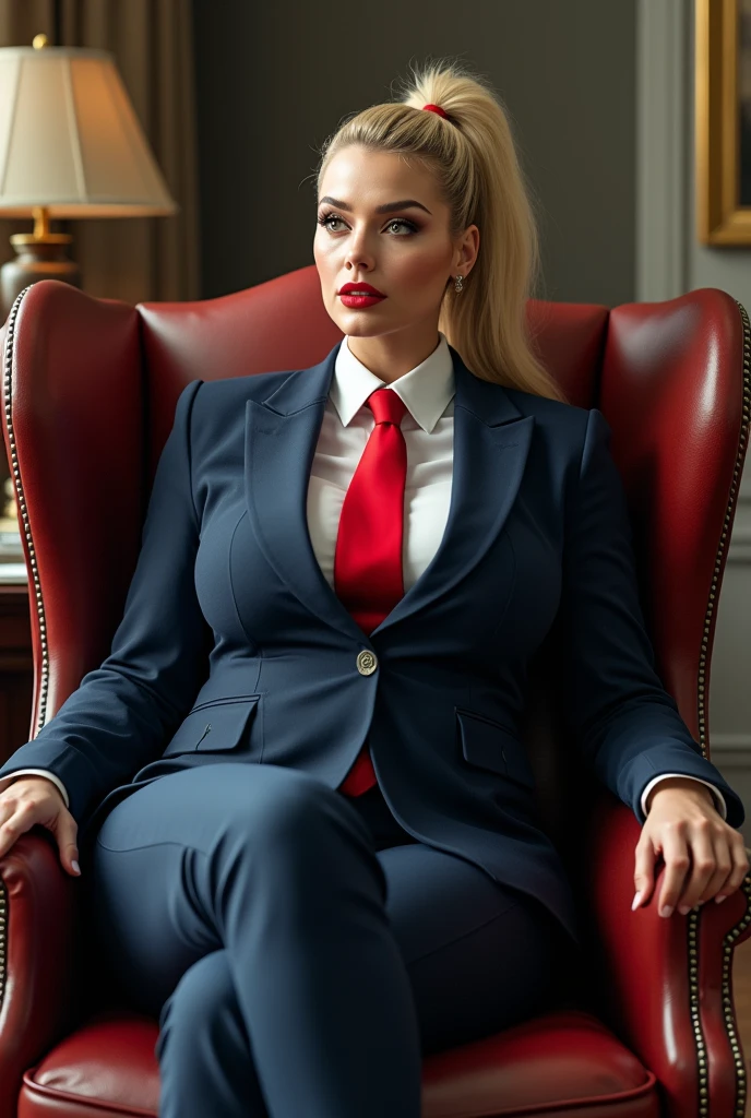 (photorealism:1.2), beautiful woman, a massive curvy woman with blonde ponytail red lips wearing a perfect light navy blue suit with a thick red tie large collar thin face  large breasts. sitting in a chair in her office,( giantess concept)