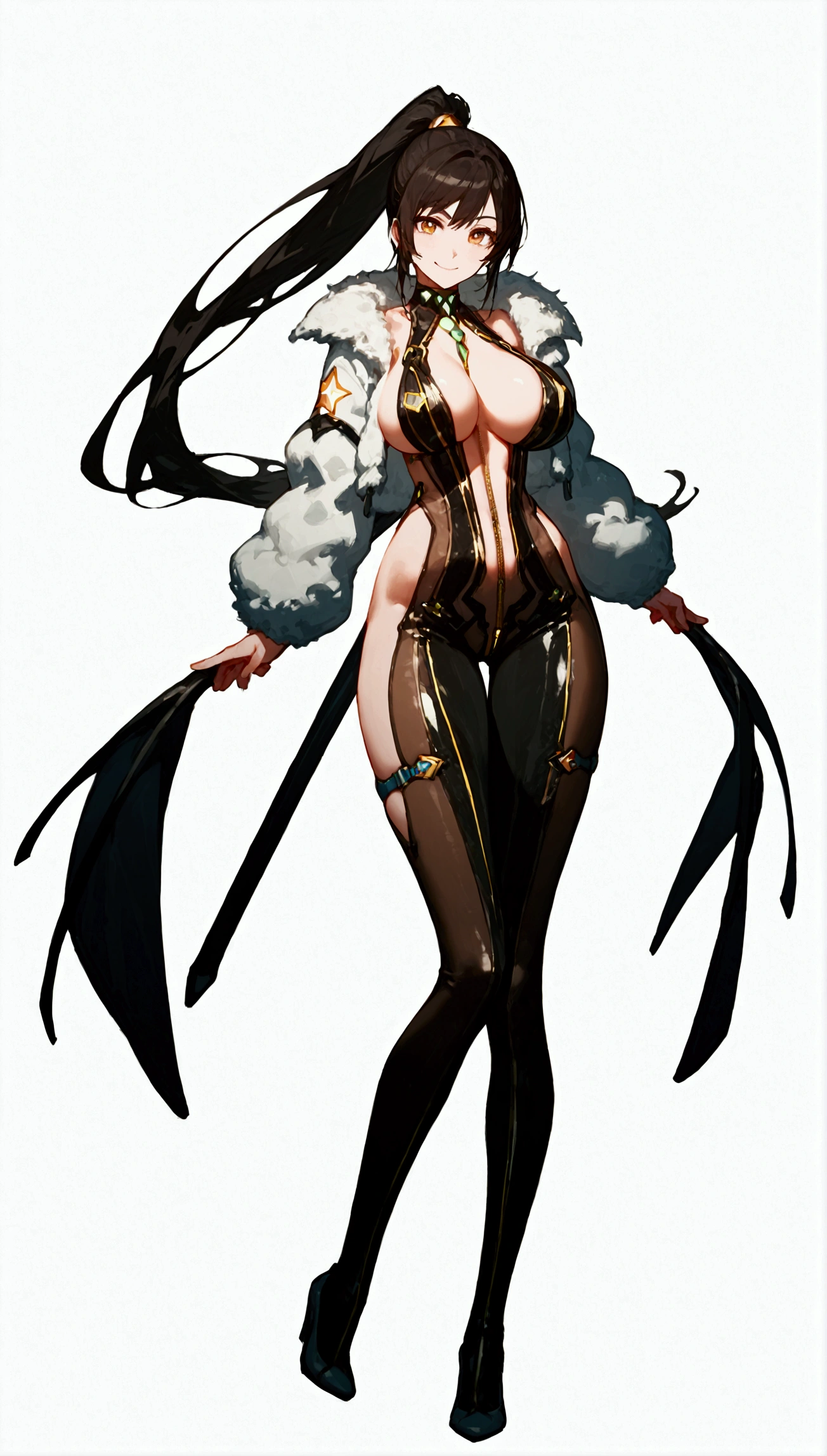 source_anime BREAK 1girl, anime artwork, score_9, score_8_up, score_7_up, score_6_up, score_5_up, score_4_up, breast size D,Big hips, High quality, Smile, ruanyi0608,pantyhose,bodysuit,glowing,revealing clothes,sideless outfit,black hair,high ponytail,very long hair,zipper,fur-trimmed jacket, eve (stellar blade), big breasts, full body, highleg lace lingerie