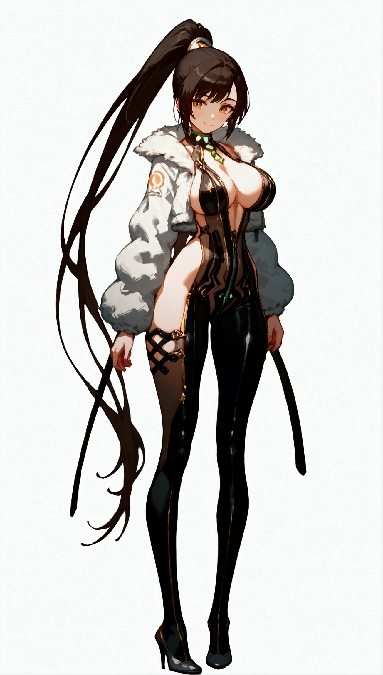 source_anime BREAK 1girl, anime artwork, score_9, score_8_up, score_7_up, score_6_up, score_5_up, score_4_up, breast size D,Big hips, High quality, Smile, ruanyi0608,pantyhose,bodysuit,glowing,revealing clothes,sideless outfit,black hair,high ponytail,very long hair,zipper,fur-trimmed jacket, eve (stellar blade), big breasts, full body, highleg lace lingerie