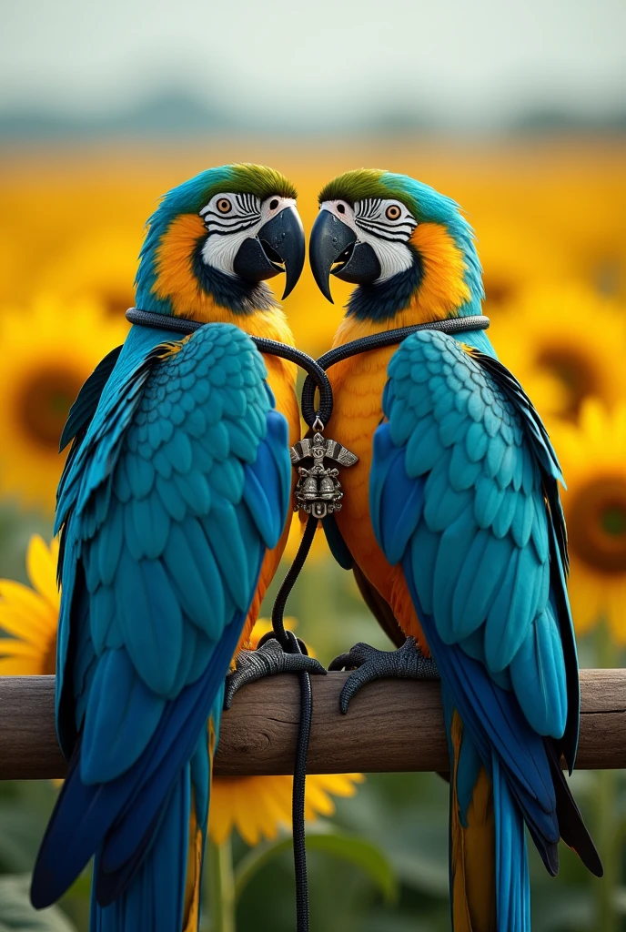 two blue macaws with a cord around their neck, one with a symbol of law, the other of veterinary medicine, in a sunflower plantation 