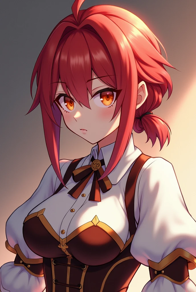 female, cherry-red hair, low bun, middleparting pony, orange eyes, serious, anime, genshin impact, white blouse, brown corset, white fluffy sleeves, brown gloves
