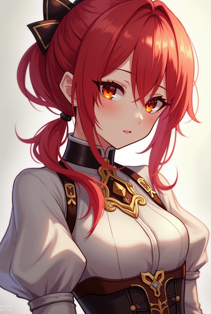 female, cherry-red hair, low bun, middleparting pony, orange eyes, serious, anime, genshin impact, white blouse, brown corset, white fluffy sleeves, brown gloves