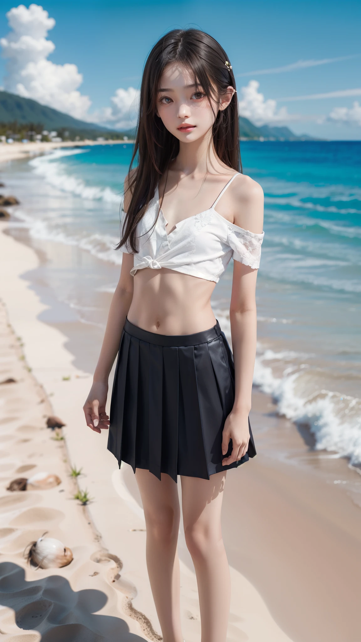 Twins, two Japanese high school girls、Standing with the sandy beach in the background、(((flat chest))), (flat chest:1.1)、(((masterpiece))), best quality, illustration, (teenage girls), white long hair, beautiful detailed brown eyes, white long straight hair、((cute)), (petite), slim, solo, solo focus, shirt, skirt, full body, 、Small head, small face、(((flat chest))), (flat chest:1.1)、Navel bare, off-the-shoulder with beautiful collarbones、short torso、having a short torso、detail, High detail, 最high quality, High-resolution model, high quality, Very detailed, Ultra high definition, Textured skin, 最high quality, masterpiece, High resolution, 