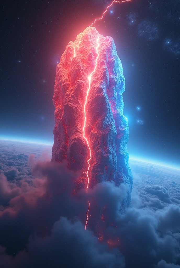 There is a great glowing, pulsating electric and plasma crystal above the universe and half of it is red and half is blue, the background is the constellation of the Pleiades and Orion