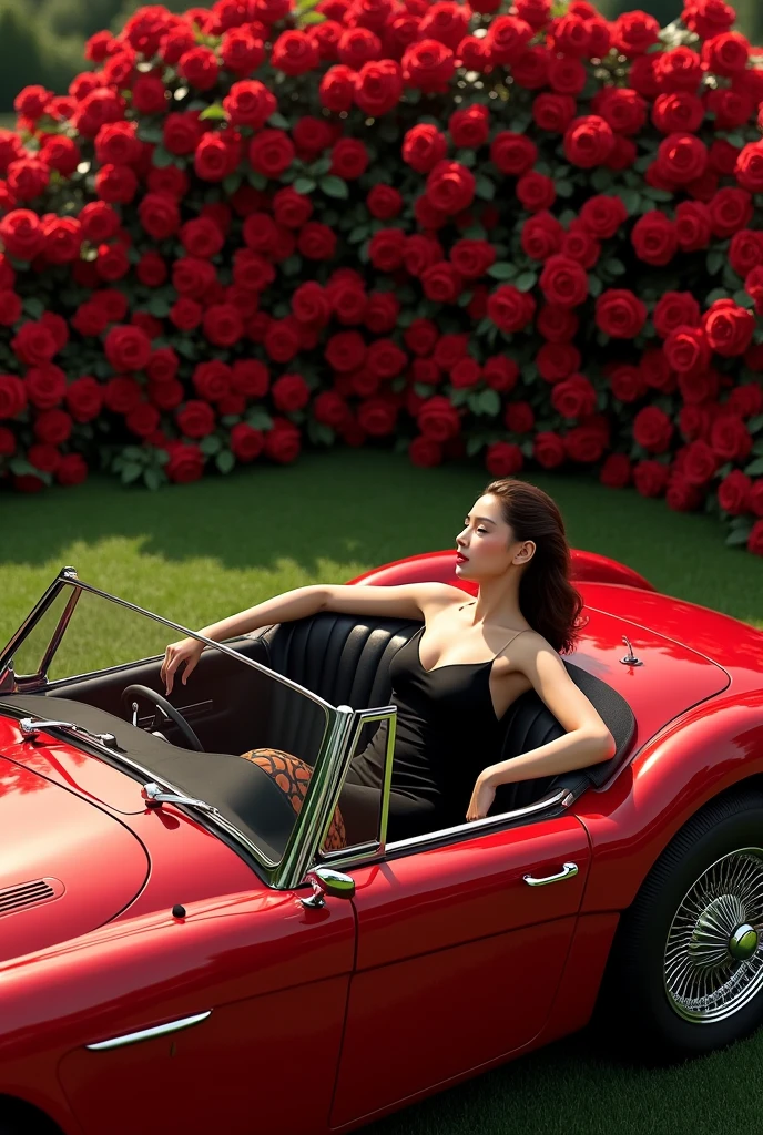 Create a luxurious scene featuring a person sitting down in a vintage red convertible filled with a cascade of red roses. The person should be dressed in a sleek, elegant black gown. The setting should be outdoors on a neatly manicured green lawn, exuding sophistication and glamour. Ensure the convertible is detailed and the roses are vibrant and lush, enhancing the overall opulence of the scene.”