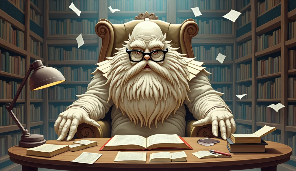A humanoid monster whose entire body is made of paper and pages. He has a huge beard made of papyrus. He is wearing glasses and is sitting in a gigantic chair. In front of him is a gigantic table with several sheets, very giant, like giant books. A giant lamp. He is so big that the person looking at him looks like an ant. Behind him, there is a library that has no end and flying around the place. He has books and hands. The image has to be in anime.