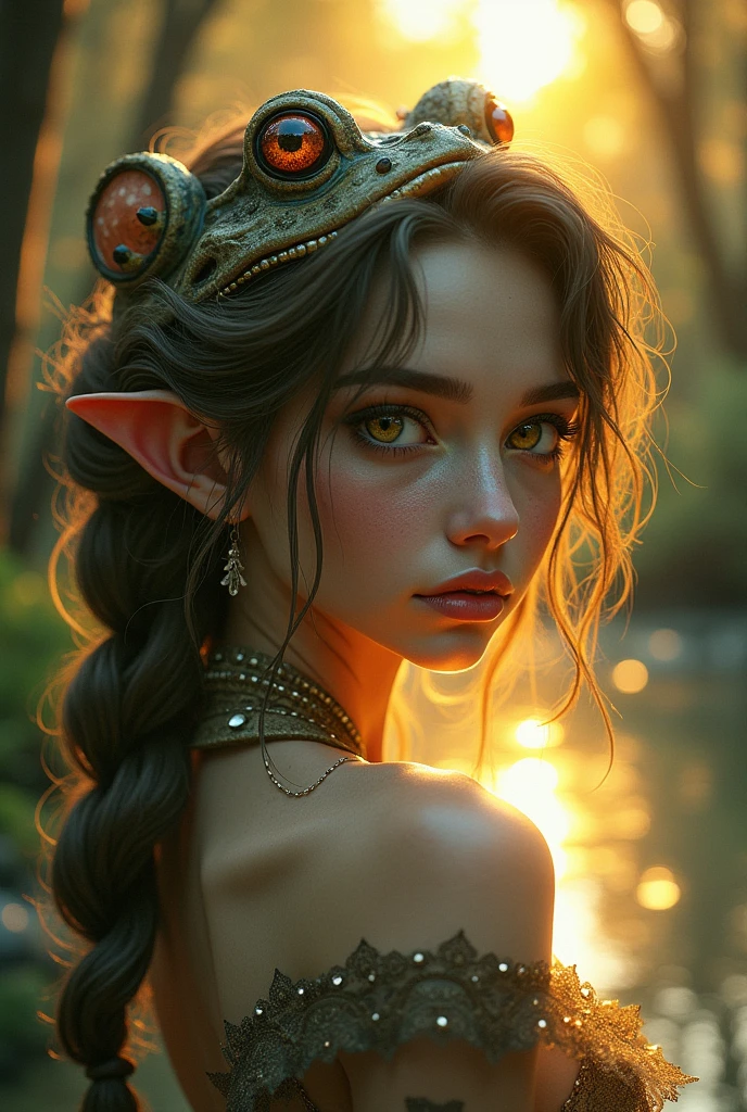 sensual gorgeous Fursona toad girl , colorful vivid, expresive beautiful eyes, with the sun setting in the background of a beautiful lake between trees. Roxy Paine Loish , Anne Bachelier portrait style,intricate, highly detailed