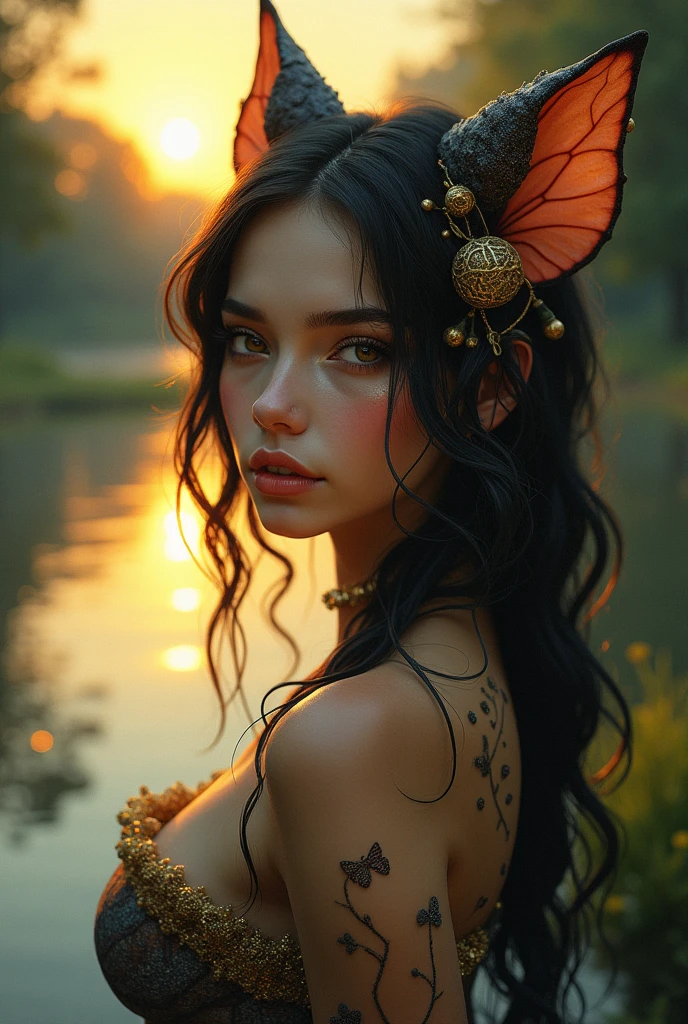 sensual gorgeous Fursona toad girl , colorful vivid, expresive beautiful eyes, with the sun setting in the background of a beautiful lake between trees. Roxy Paine Loish , Anne Bachelier portrait style,intricate, highly detailed