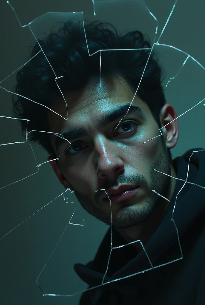 A broken mirror reflecting fragments of a person who is a man