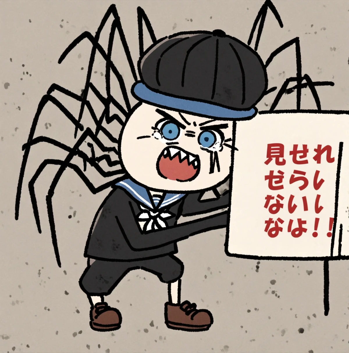 Bunny Harvestman Spider, blue, black, blue and black outfit, eye theme, blue eyes, sharp teeth, Caubeen Hat, neckerchief, brown footwear, blue sailor collar, Evil Rage, can't show this \(meme\), full body, holding sign, Playground, Style of Doko Demo Issyo and MFKZ