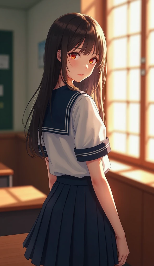 A beautiful girl with red eyes wearing a navy blue sailor uniform standing by the window in the classroom