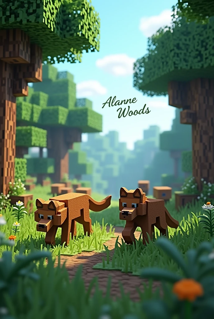 A minecraft style in a forest with wolves, in the background a text written by Alanne Woods