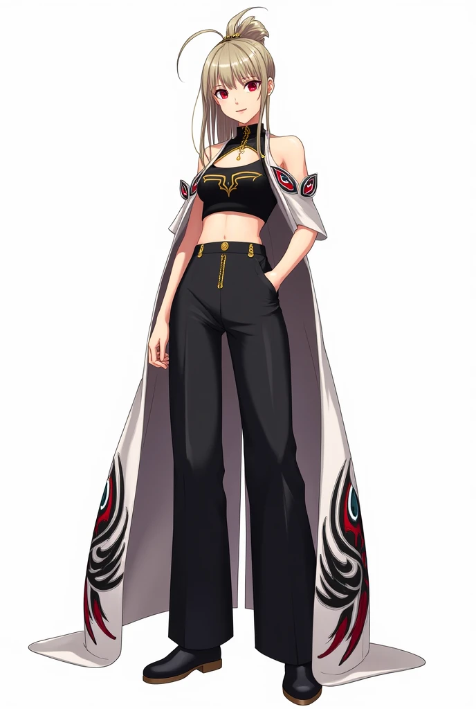 draw in anime style in full growth on a white background: a tall woman with ash blond hair, split bangs in 2 sides, and a 1 high ponytail. She wears a black tank top with gold detailing, and on top of the tank top is a white long cape with wide sleeves with black, white and red peacock feather detailing. She is also wearing black wide pants and black shoes. She also has a hairpin with a black, white and red peacock feather on her head. Her eyes are red and not big. She also has gold accessories on her head. Make her expression serious or in a dynamic pose