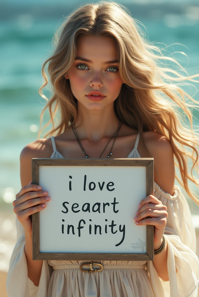 Beautiful girl with wavy long hair, bohemian dress, holding a white board with text "I Love Seaart Infinity" and showing it to the viewer