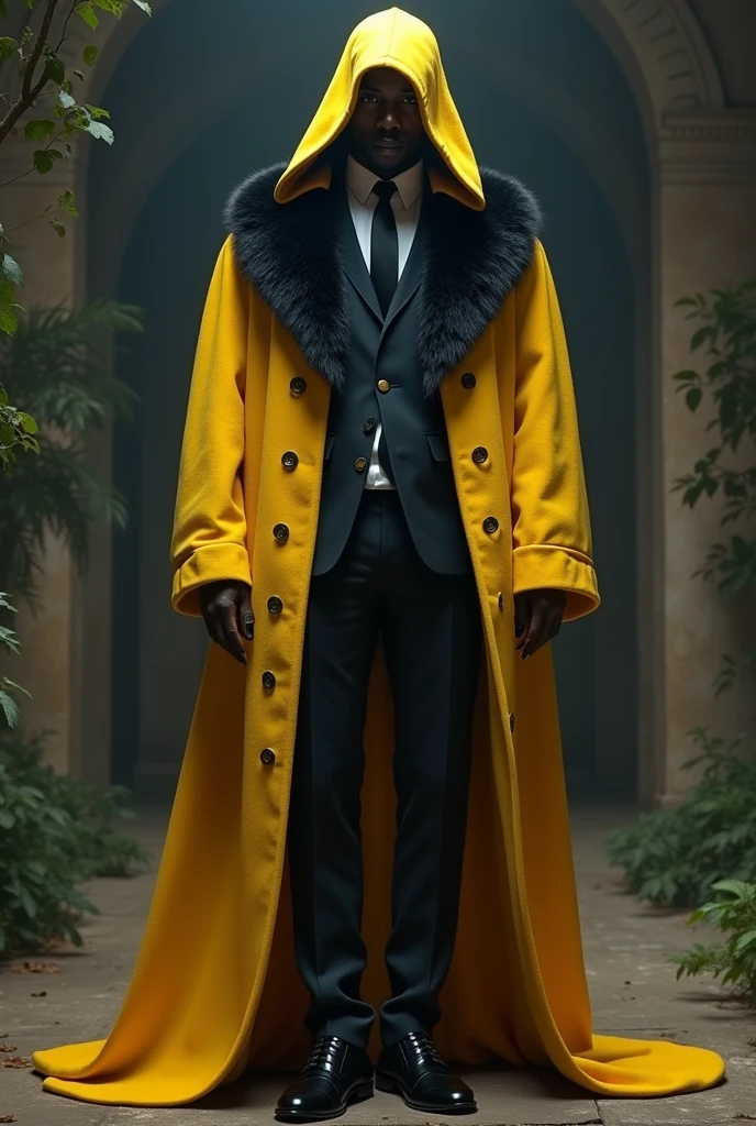 Wizard in yellow wearing a suit with a black fur with a prayer hat