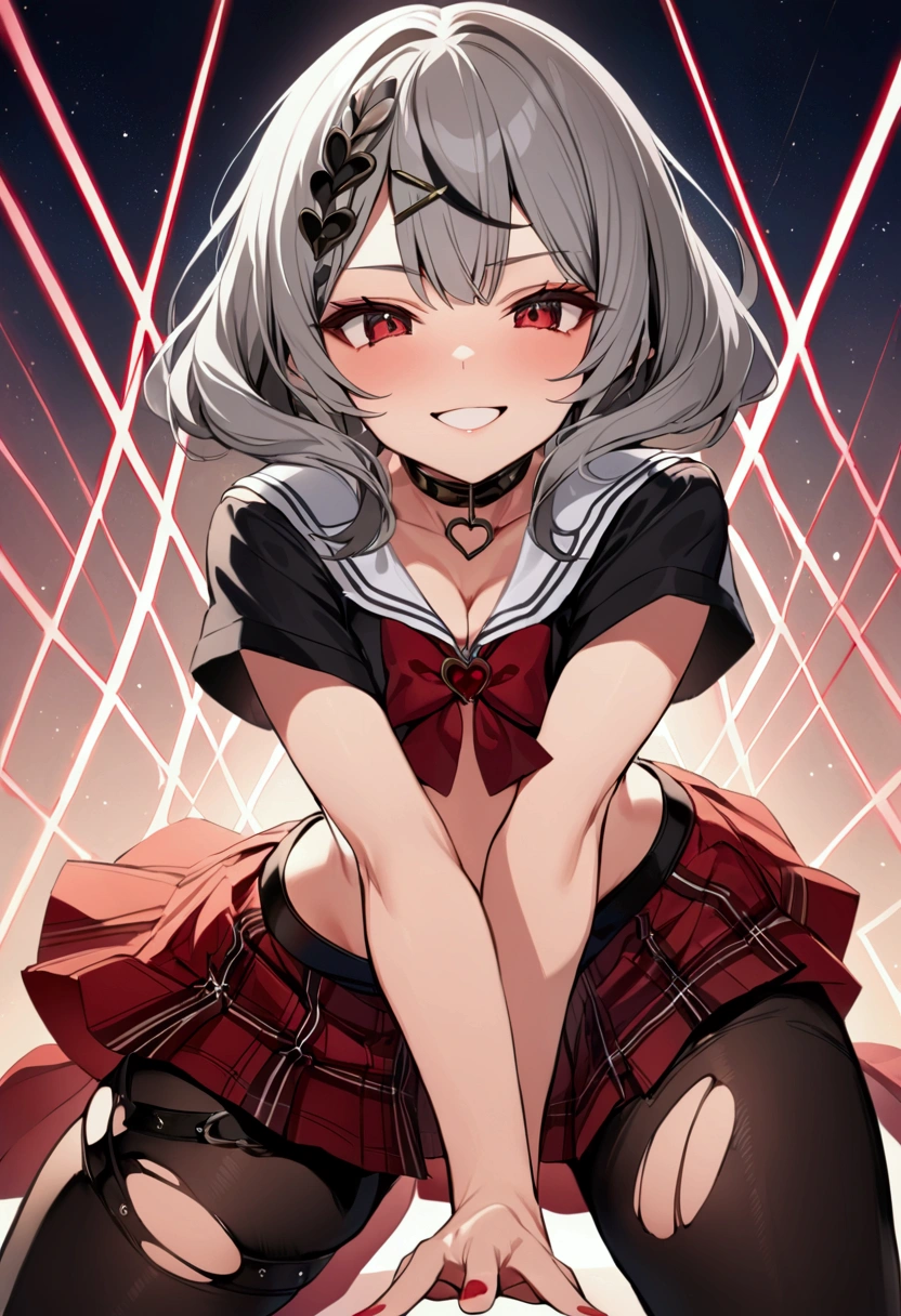 ((masterpiece, Highest quality, High resolution, One Girl, alone, red_eye, Black Mesh, Grey Hair, hair ornaments, It should be Chloe,Angle from below:1.5, (Torn School Uniform,skirt,Pants half-removed),(((Looking forward,Sexy pose))),(Grin,red面)