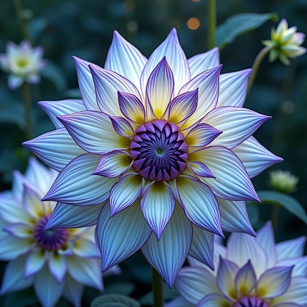 Dahlia 'Twilight Star', Create an image of Dahlia 'Twilight Star' in a vibrant home garden setting. Feature the Dahlia with its unique, star-shaped blossoms in shades of deep purple, pink, and white, showcasing the dramatic, multicolored petals that create a celestial effect. Position the flower prominently in the foreground, with its intricate layers and rich colors clearly visible. Surround it with a well-tended garden, including green foliage and a few complementary flowers to enhance its visual impact. The lighting should be warm and golden, capturing the dahlia’s colors and texture with soft shadows that highlight its starry allure. The overall scene should evoke a sense of elegance and the magical beauty of twilight in a garden.