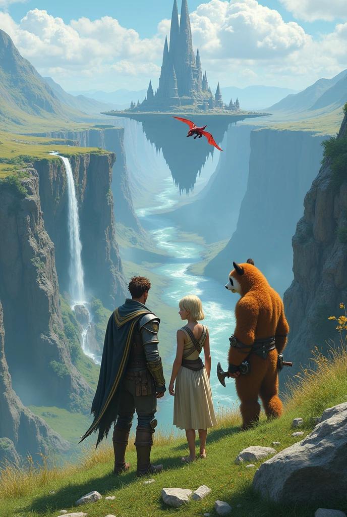 (uhd, masterpiece, anatomically correct, textured skin, super detail, high details, best quality, highres, 8k), Three adventurers standing on a grassy cliff, The man is wearing light armor, Brown Hair, Hair that stands on end, Elven women wear sleeveless dresses and , Blonde, Short Bob, Stand next to a man, The panda beastman wears heavy armor, Carrying a spear axe, Turning your back on the viewer, A small red dragon is floating nearby, I can&#39;t see your face, The plain below the cliffs, Looking Down, Mr.々A land where fantasy creatures live, A waterfall flows down from a giant rock suspended in the air.
