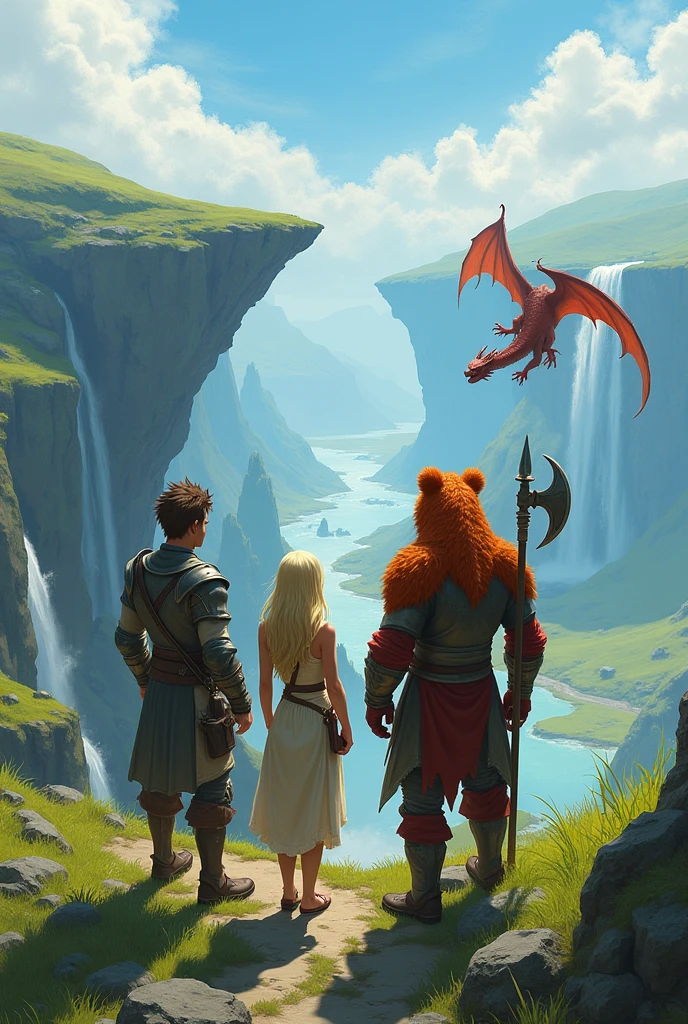(uhd, masterpiece, anatomically correct, textured skin, super detail, high details, best quality, highres, 8k), Three adventurers standing on a grassy cliff, The man is wearing light armor, Brown Hair, Hair that stands on end, Elven women wear sleeveless dresses and , Blonde, Short Bob, Stand next to a man, The panda beastman wears heavy armor, Carrying a spear axe, Turning your back on the viewer, A small red dragon is floating nearby, I can't see your face, The plain below the cliffs, Looking Down, Mr.々A land where fantasy creatures live, A waterfall flows down from a giant rock suspended in the air.