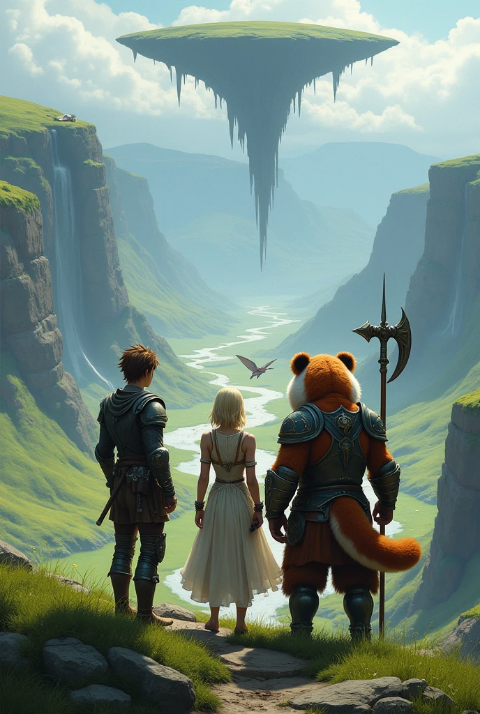 (uhd, masterpiece, anatomically correct, textured skin, super detail, high details, best quality, highres, 8k), Three adventurers standing on a grassy cliff, The man is wearing light armor, Brown Hair, Hair that stands on end, Elven women wear sleeveless dresses and , Blonde, Short Bob, Stand next to a man, The panda beastman wears heavy armor, Carrying a spear axe, Turning your back on the viewer, A small red dragon is floating nearby, I can't see your face, The plain below the cliffs, Looking Down, Mr.々A land where fantasy creatures live, A waterfall flows down from a giant rock suspended in the air.