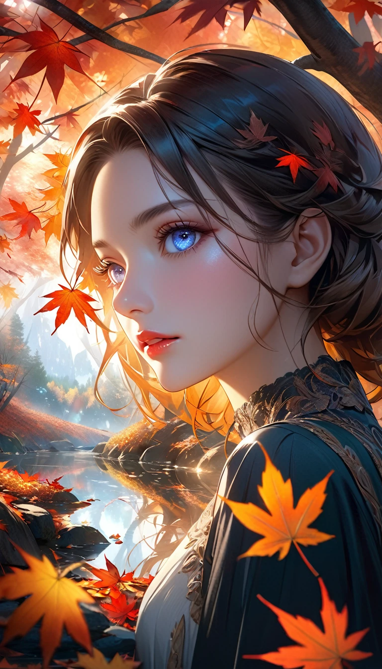 Maple tree landscape, dark canvas, Falling leaves, Transparent holographic reflection, A surreal landscape made of maple leaves, Leaves viewers speechless, A beautiful world, 1 woman, detailed eyes, detailed lips, very detailed face, long eyelashes, Beautiful and detailed portraits, elegant, tranquil expression, autumn, high quality, 8k, realistic, surrealist, studio lighting, Physically Based Rendering, vivid colors, movie lights, dramatic lighting, soft lighting, dramatic contrast, clear, ethereal, dreamlike, mysterious, magical, fancy, concept art