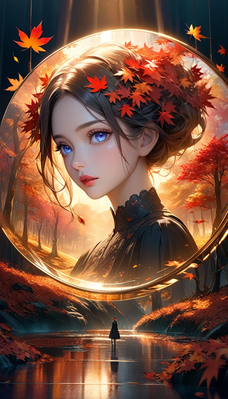 Maple tree landscape, dark canvas, Falling leaves, Transparent holographic reflection, A surreal landscape made of maple leaves, Leaves viewers speechless, A beautiful world, 1 woman, detailed eyes, detailed lips, very detailed face, long eyelashes, Beautiful and detailed portraits, elegant, tranquil expression, autumn, high quality, 8k, realistic, surrealist, studio lighting, Physically Based Rendering, vivid colors, movie lights, dramatic lighting, soft lighting, dramatic contrast, clear, ethereal, dreamlike, mysterious, magical, fancy, concept art