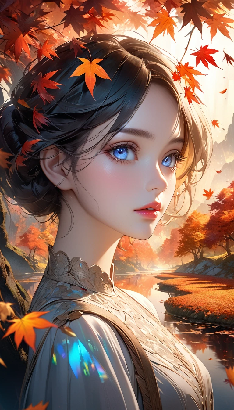 Maple tree landscape, dark canvas, Falling leaves, Transparent holographic reflection, A surreal landscape made of maple leaves, Leaves viewers speechless, A beautiful world, 1 woman, detailed eyes, detailed lips, very detailed face, long eyelashes, Beautiful and detailed portraits, elegant, tranquil expression, autumn, high quality, 8k, realistic, surrealist, studio lighting, Physically Based Rendering, vivid colors, movie lights, dramatic lighting, soft lighting, dramatic contrast, clear, ethereal, dreamlike, mysterious, magical, fancy, concept art