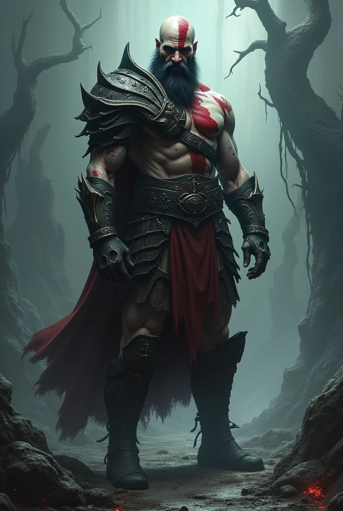 Kratos in the Dark Souls universe. Keep his key features but adapt his look to the dark, gothic style. Place him in a desolate, eerie environment with shadowy, atmospheric lighting
