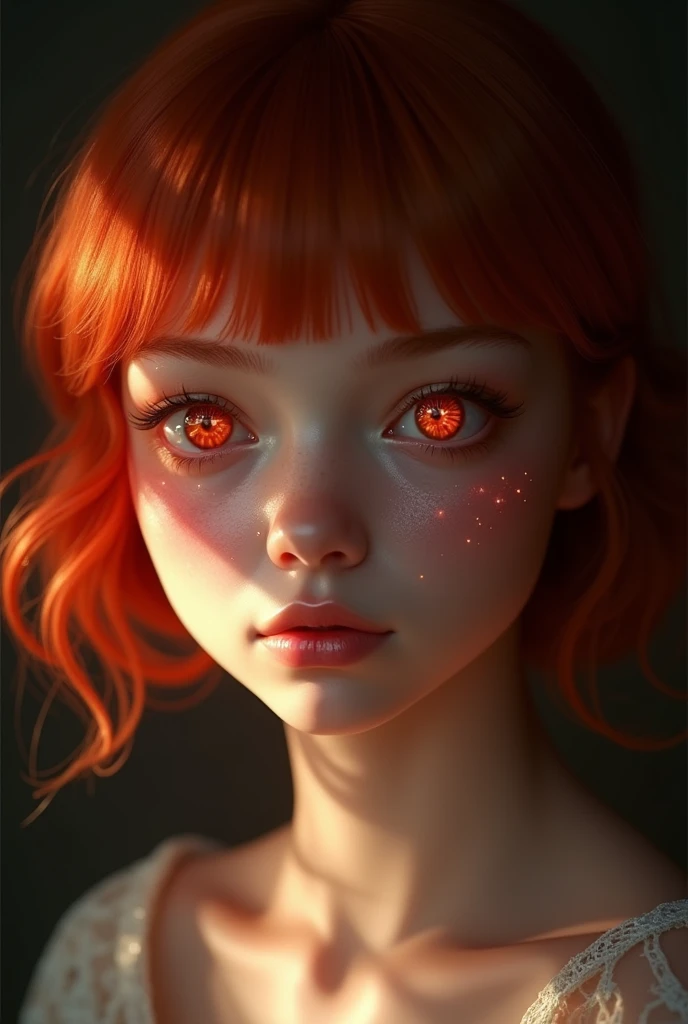 1 girl, star eye, blush, perfect lighting, Red hair, Eyes red, engine unreal, side lighting, face detailed, bangss, shining skin, simple background, darkness background