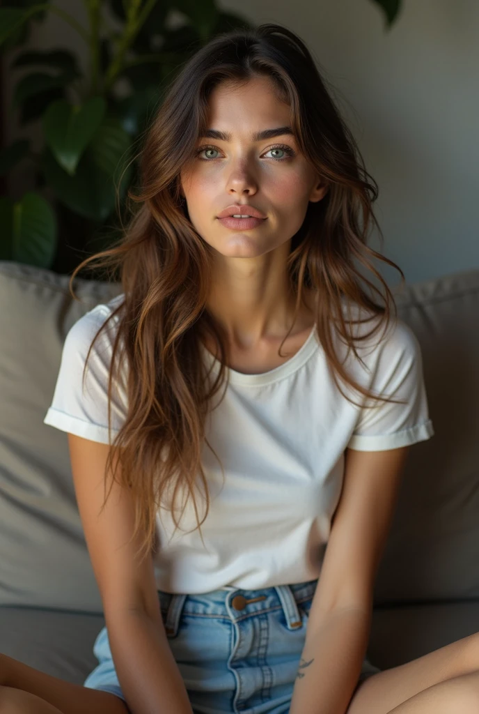 Une fille brune aux cheveux bouclés et aux gros seins est assise avec les jambes tendues, prendre une photo réaliste elle porte un teeshirt