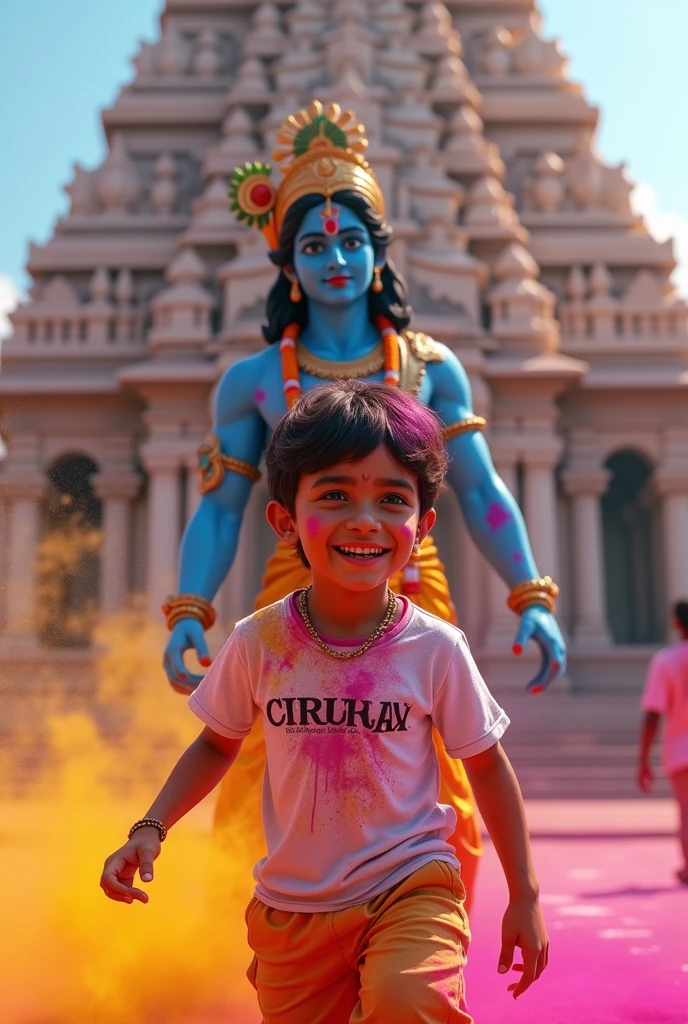 create a high quality realistic image, lord Krishna and a teenage boy are playing holi with each other, boy is wearing coloured white t-shirt on which his name “SAGAR” is written boldly on top, both are smiling, environment is colourful, background is of temple, image should ultra clear, hyper realistic, 4k.