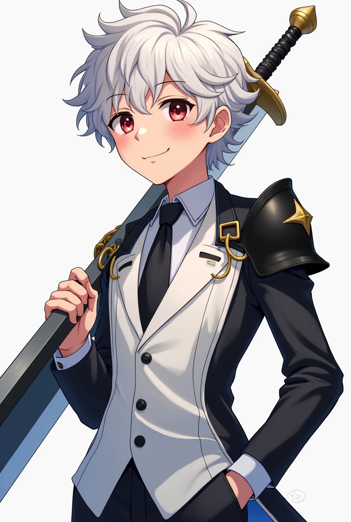 Anime style, Boy, Young Western race, cheerful personality, white hair, curly hair, slim fit suit, light armor with one right shoulder armor, white and black line suit, black armor, big two handed sword.