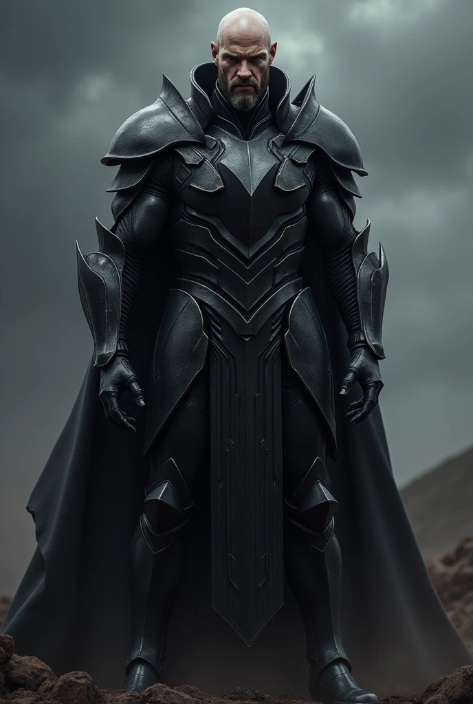 Hairless, bearded man in sinister black armor