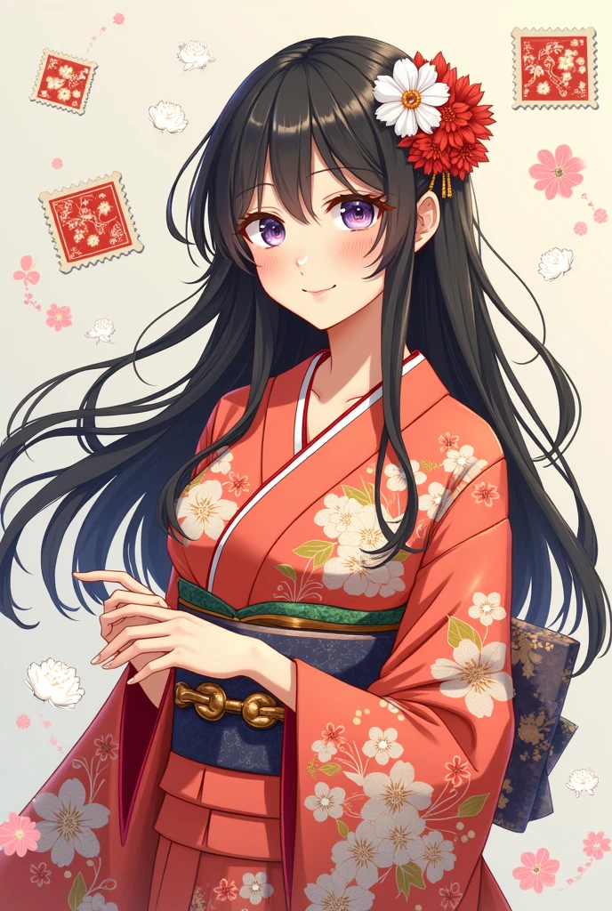 Kimono Beauty、Anime Style、Beautiful features、happiness、stamp