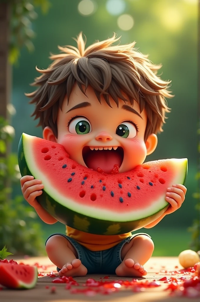 খারাপ ছোট ছেলে তরমুজ খাচ্ছে