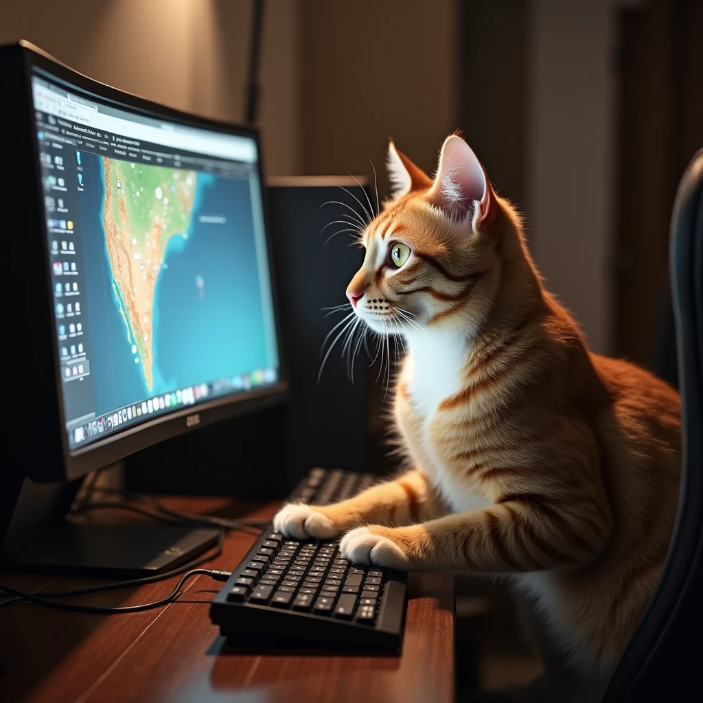 Make the cat a female breed that sits at the monitor and types on the keyboard