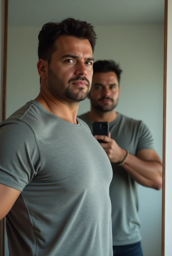 a real man standing in a gray t-shirt in the mirror selfie mockup